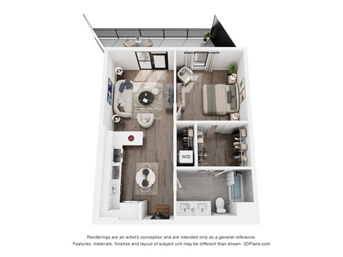 Floor plan for 1 bed, 1 bath, 745 sqft